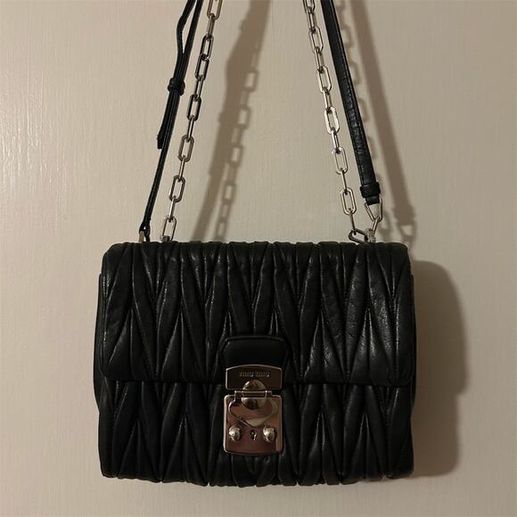 Miu Miu Womens Black Quilted Flap Crossbody Bag Push Lock Chain Strap